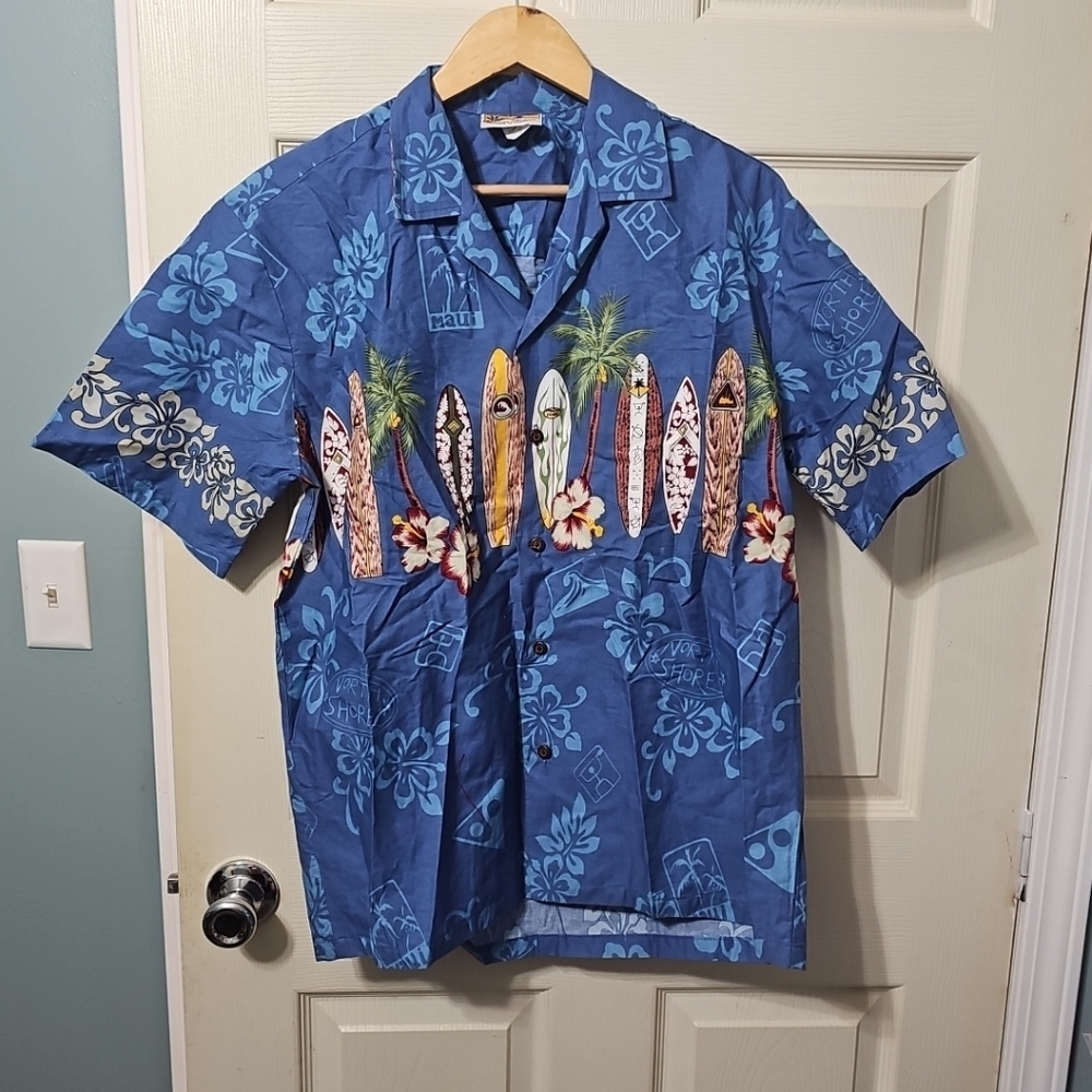 Winnie Fashion Men's Blue Hawaiian Surfboard Palm Tree Shirt‎ Medium EUC